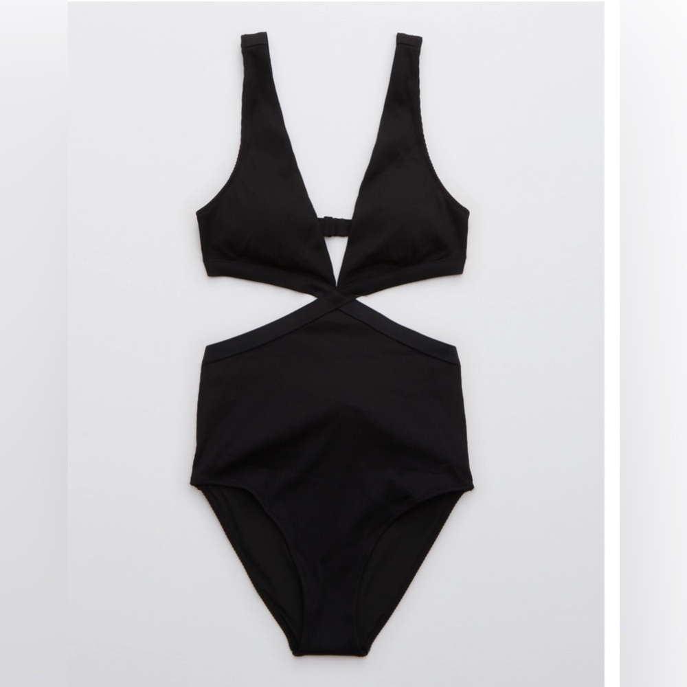 Aerie Ribbed Black Cutout One-Piece Swimsuit